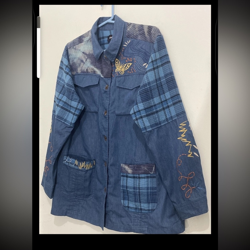 Johnny Was Moonlight Tie Dye Patchwork Military Jacket Denim Embroidered
